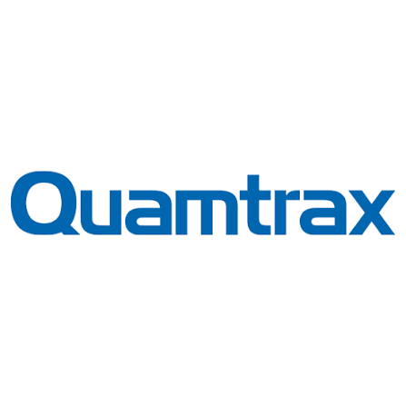 Quamtrax logo in blue lettering on white background