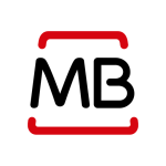 MB logo: black letters M and B enclosed by red curved brackets forming a square-like frame