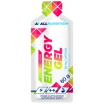 White energy gel pouch branded All Nutrition, watermelon flavor, with bright geometric pink/green accents and 'ENERGY GEL' text, 60 g (60 mg caffeine).