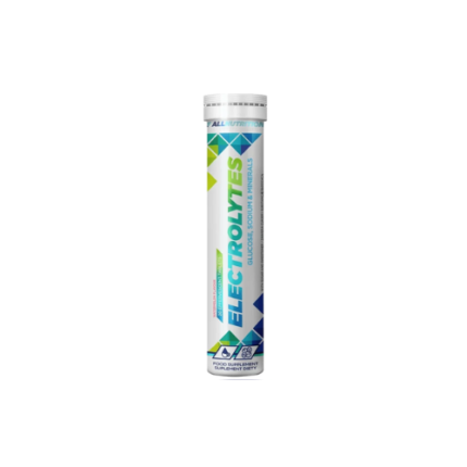 Electrolytes energy supplement in a white tube with blue and green geometric design on the label