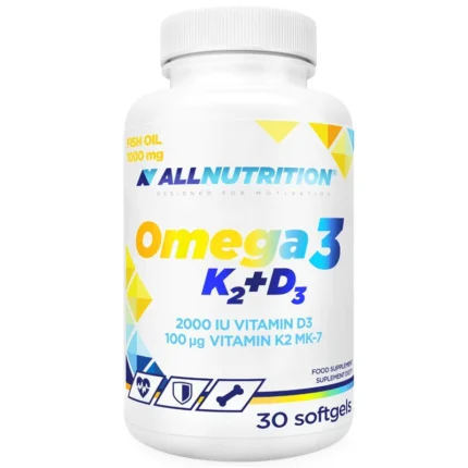 Bottle of AllNutrition Omega3 K2 D3 dietary supplement (30 softgels), labeled fish oil 1000 mg.