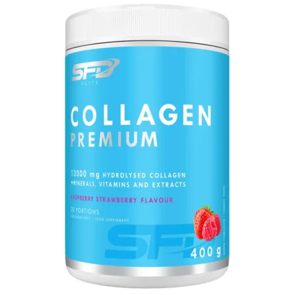 Blue container labeled 'Collagen Premium' (SPF Elite) raspberry-flavour collagen supplement, 400 g.